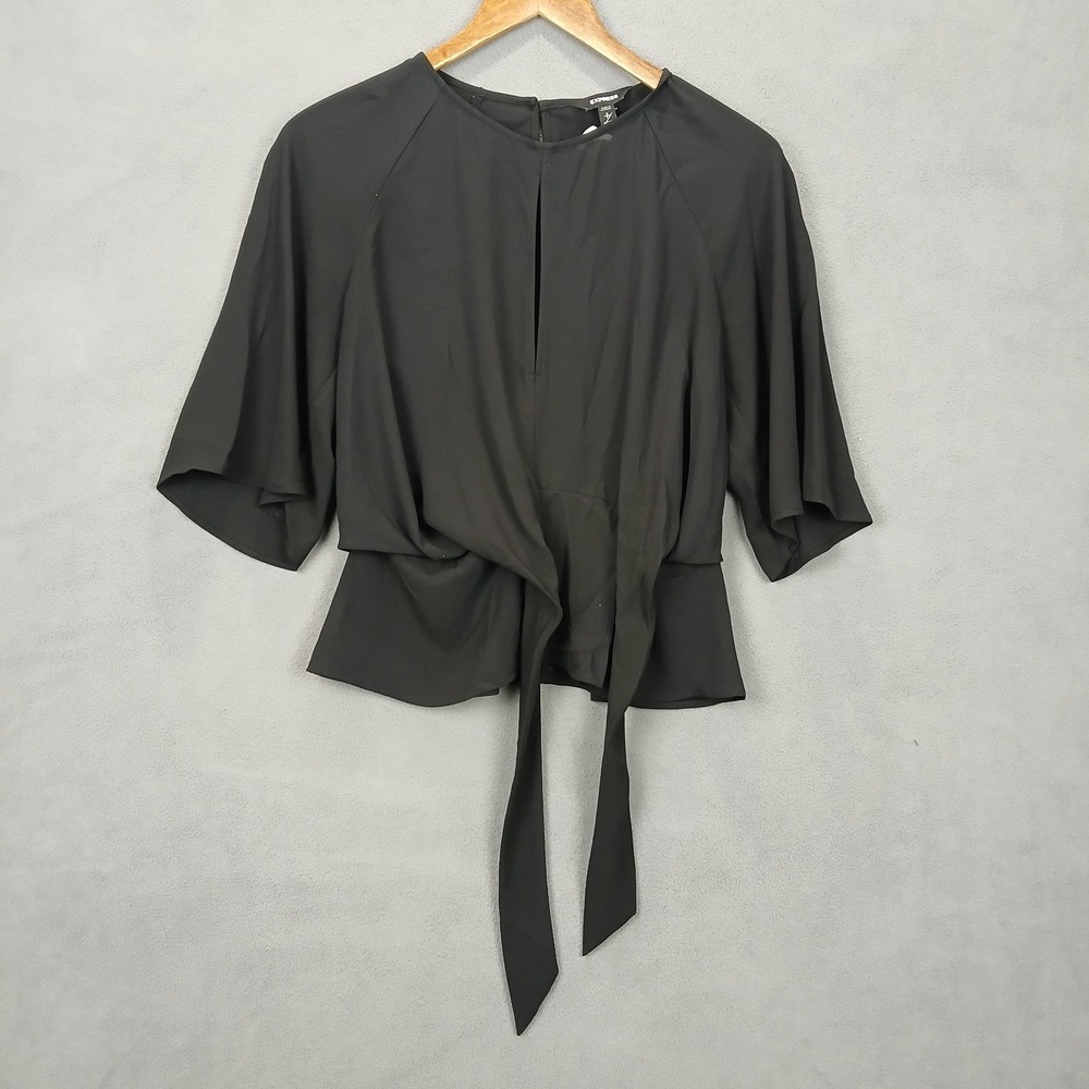 Express Crepe Blouse Womens Small Black Knot Front Preppy Raglan Sleeve Back Zip